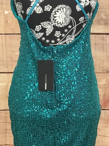 Fashion Nova Women M Party Cocktail Teal Sequins Dress Zip Adjust Strap OpenBack - Picture 6 of 10