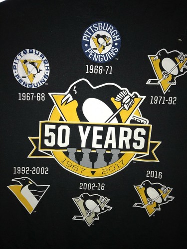 REEBOK Pittsburgh Penguins 50 Years of LOGOS 1967-2017 Black T-Shirt Men's S EUC - Picture 2 of 10