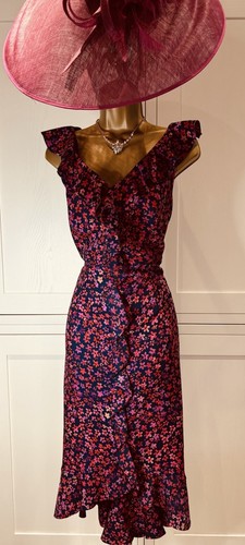 Phase Eight UK 16 Navy Pink Mix Floral Frill Stretchy Fitted Midi Occasion Dress - Picture 6 of 23