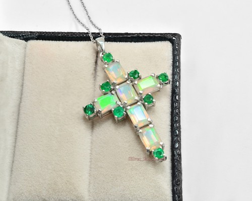 Natural Ethiopian Welo Opal Cut & Zambian Emerald 925 Sterling Silver Pendant - Picture 2 of 10