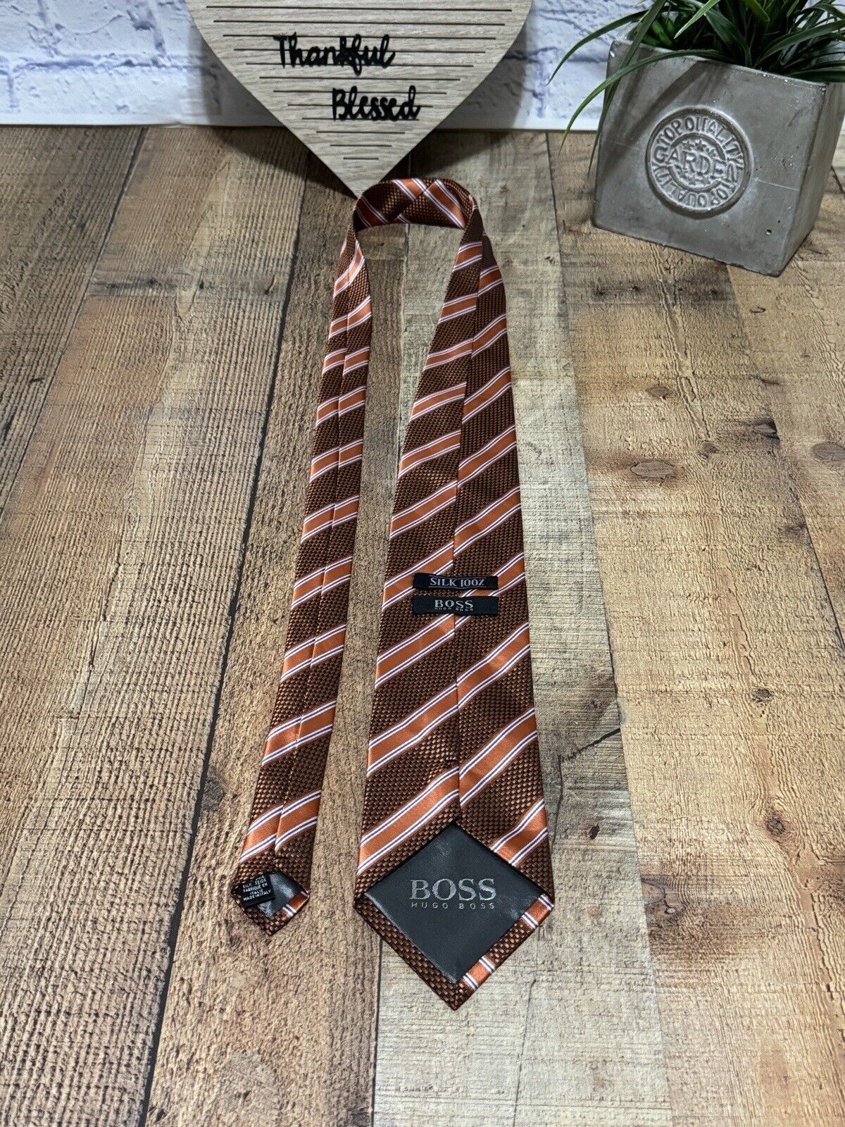 HUGO BOSS Neck Tie Brown Orange Striped Silk - image 6