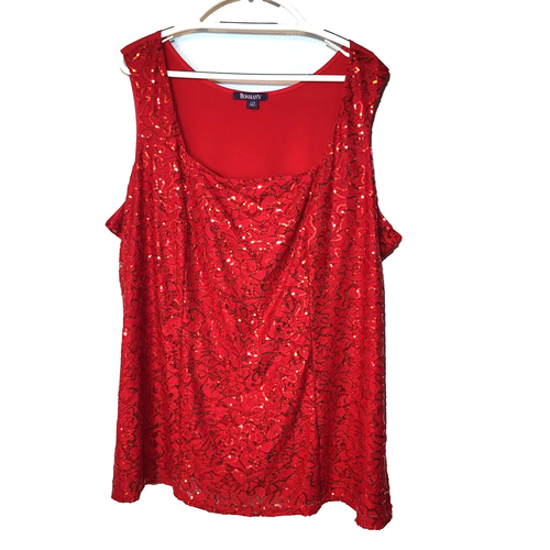 Roaman's Red Sequin Lace Tank Top Stretch Darts Bust Pull On Special Event 26W