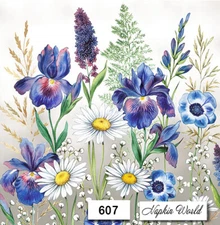 (607) TWO Individual Paper LUNCHEON Decoupage Napkins - IRISES DAISIES FLOWERS