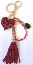 Red Leopard Heart With Charm Tassel Key Chain Fob Purse Dangle
