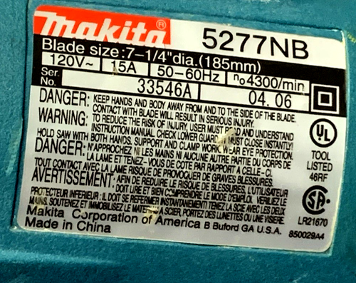 Makita Saw 7 1/4" Worm Drive 5277NB - Ottime condizioni funzionante - pulito - Foto 8 di 11