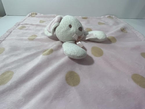 Blankets and Beyond Pink & Tan Polka Dots White Bunny Lovey Blanket Satin Back - Picture 6 of 10