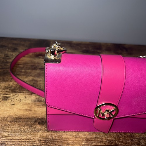 Michael Kors Small Greenwich Leather Crossbody Wild Berry and Gold Purse - Picture 11 of 12