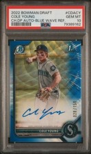2022 1st Bowman Chrome Draft Cole Young Blue Wave Refractor Auto 028/150 PSA 10