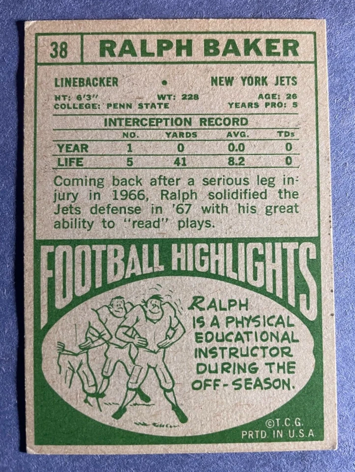 SIGNED RALPH BAKER 1968 TOPPS FOOTBALL CARD AUTOGRAPHED - JETS - Image 3 of 3