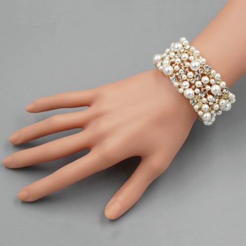 Brazalete elástico de boda de cristal transparente enchapado en oro con perlas 09806 - Imagen 2 de 5