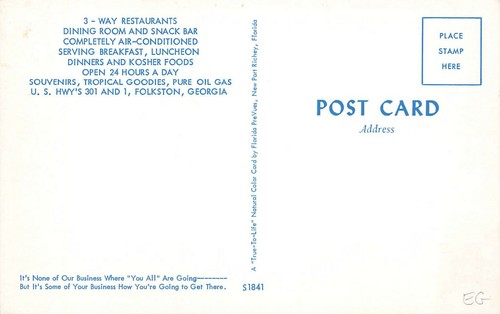 Folkston GA 3-Way Restaurant & Pure Gasoline Station On U. S. 301 Postcard - Picture 2 of 2