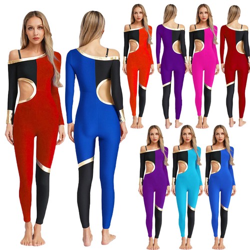 Women Bodysuit Roller Leotard Jazz Jumpsuit Color Block One Shoulder Rhythmic - Picture 2 of 37
