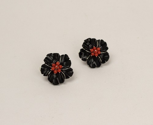 Pendientes de Plata 925 Con Coral Rojo y Flores De Ónix 30MM -aght 0765 - Imagen 2 de 3