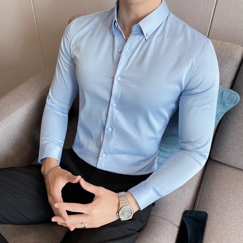 Nueva Camisa Ajustada Para Hombres Ropa De Vestir Manga Larga A Rayas Elegante - Imagen 5 de 33