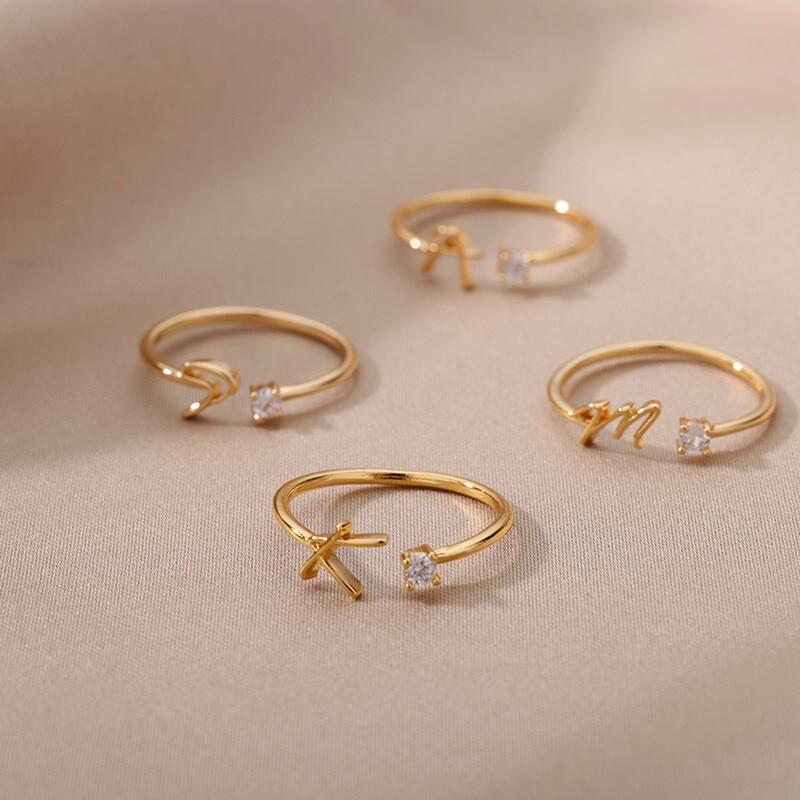 FINGER RING PERSONALISED ALPHABET INITIAL ADJUSTABLE CRYSTAL GOLD CRYSTAL