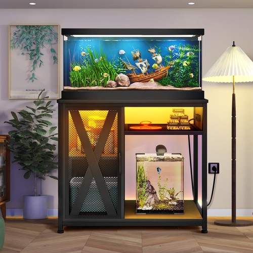 Fish Tank Stand Metal Aquarium Stand with Power Outlets & LED Light Cabinet Home
