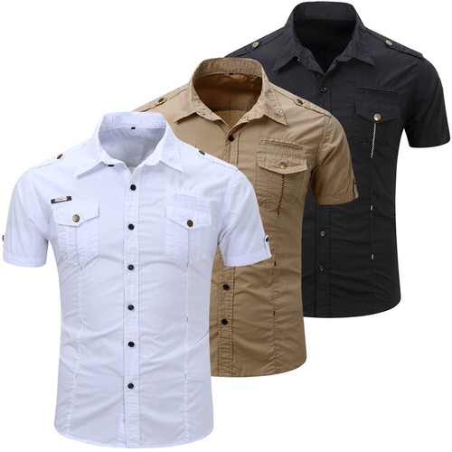 New Men Casual Military Shirt Short Sleeve Cotton Cargo Work Shirts with Pockets - Picture 2 of 18