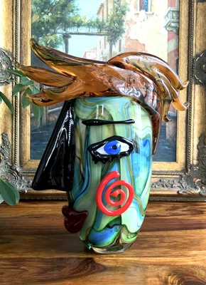 Glasvase Vase Gesicht Blumenvase Tischvase Glaskunst Murano Stil Deko Kunstvase - Bild 1 von 4