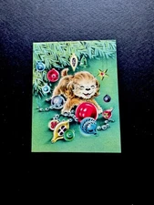 1 VTG Norcross Xmas Greeting Card Sweet Puppy Dog Playing W/ Ornaments Under 🌲