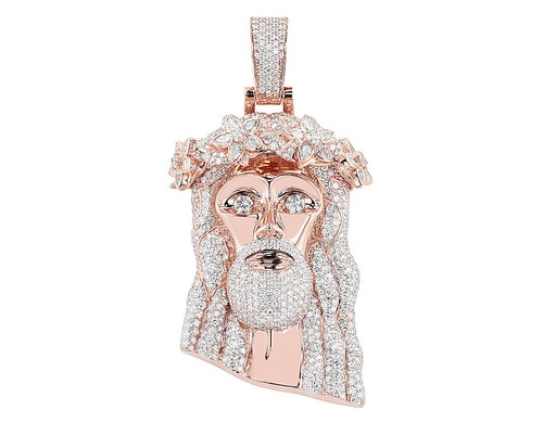 Birnenschliff Blumen Krone 16 3/5 Karat echter Diamant Jesus Anhänger 3,3" 10K Rotgold - Bild 1 von 4