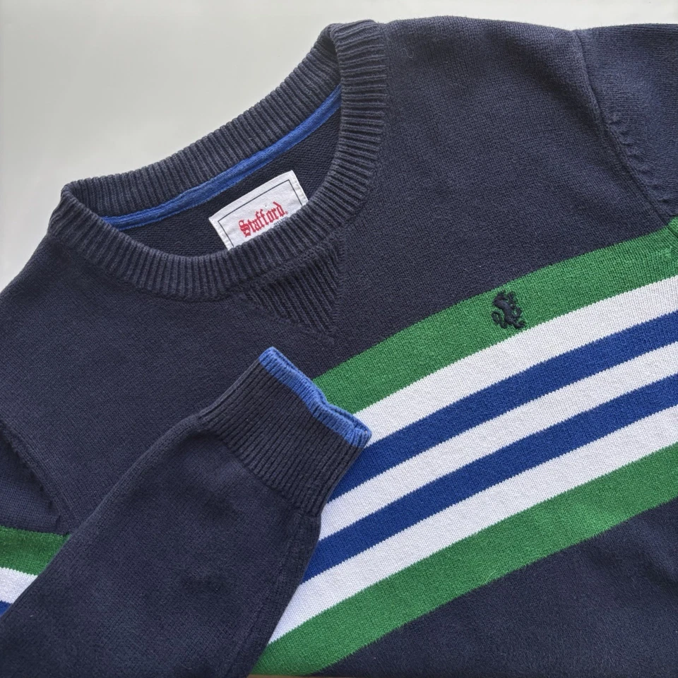 Suéter tejido cuello redondo Stafford Prep para hombre mediano 100 % algodón a rayas azul verde Foto 3 de 4
