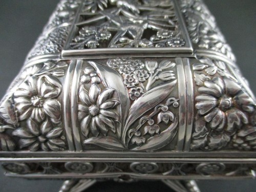 JEWELRY BOX - Antique PAIRPOINT Quad Silver - Repousse Flowers, Openwork, BIRDS! - Picture 3 of 17