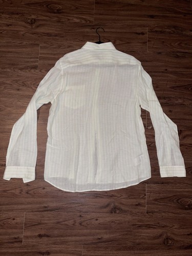 BOSS Hugo Boss Shirt Mens Large White Green Linen Stripe Button Front Casual - Picture 7 of 7
