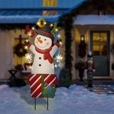 Solar Christmas Lights Outdoor Garden Stakes, 30in Metal Snowman Yard Signs w...