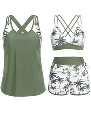 Green Palm Tree Women 3 Piece Tankini Swimsuits - Tummy Control Tank Top with...