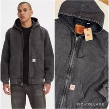 Levis Mens XL Potrero Denim Full Zip Hooded Jacket Quilt Lined Gray Stonewashed