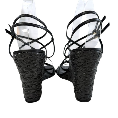 Larroude Naomi Strappy Black Leather Raffia Wedge Sandals Size 9.5 - Picture 7 of 19