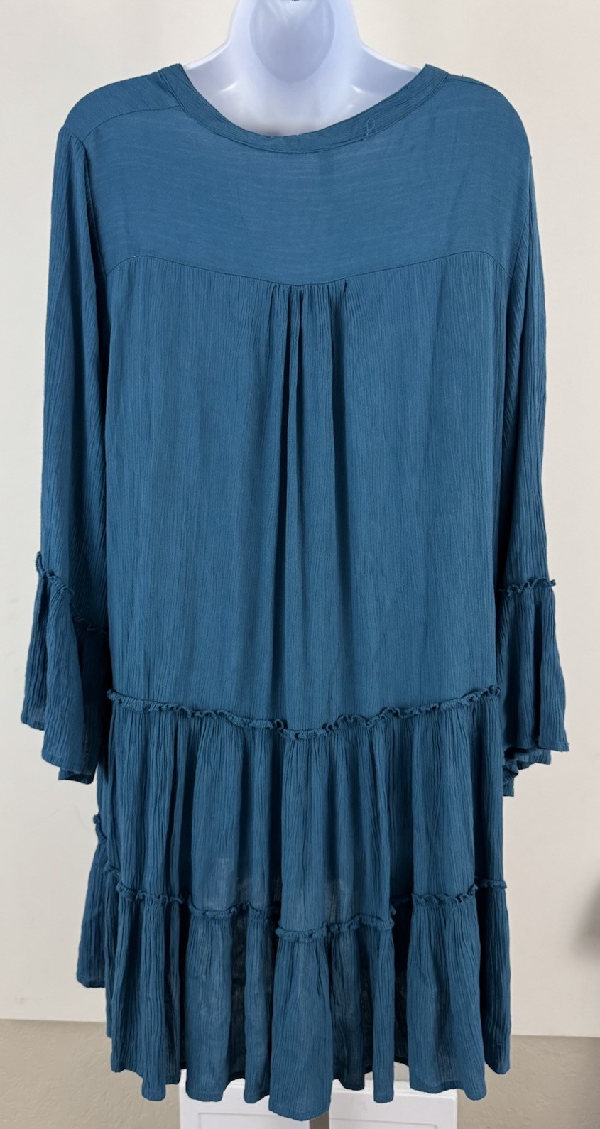 ELAN Teal Scrunch Viscose Fabric Tiered 3/4 Sleeve Shift Dress Sz XL