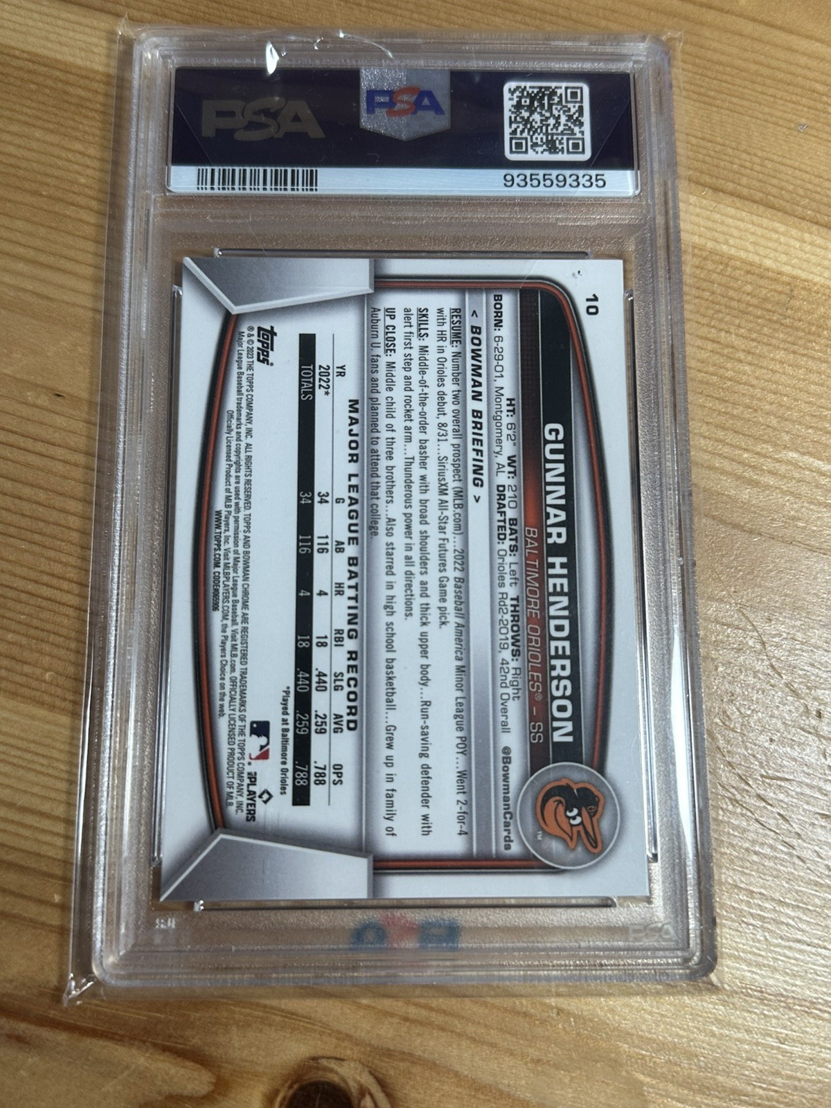 2023 Bowman Chrome Gunnar Henderson Rookie SP #10 PSA 10 Baltimore Orioles RC view 2