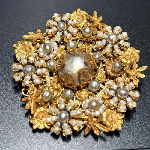 Miriam Haskell Brooch Pin Vintage Pearl Floral Dome Gold Tone Filigree Signed