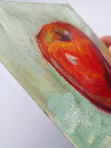 Pintura al óleo original bodegón con manzana roja 5 x 5 pulgadas decoración de cocina - Imagen 2 de 5