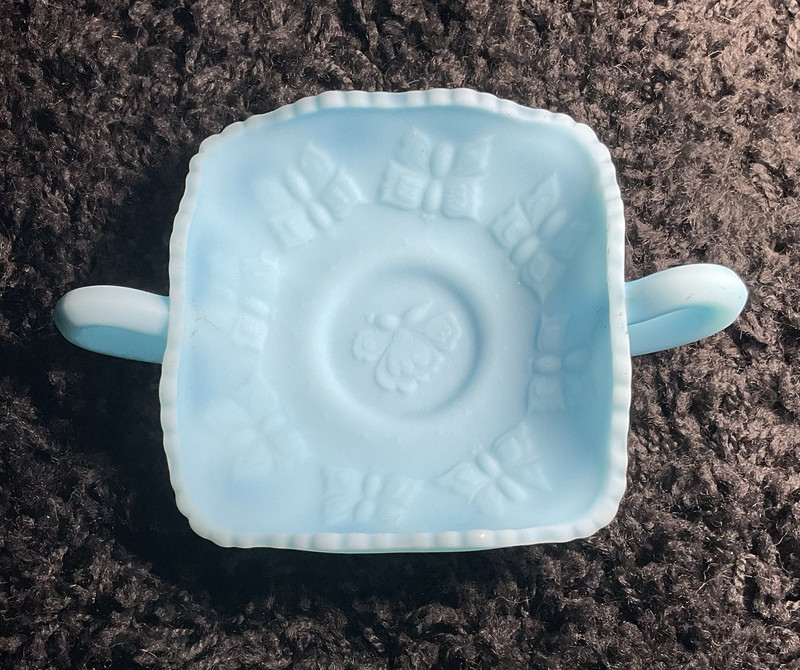 Fenton Blue Milk Glass Butterfly Bon Bon dish with handles