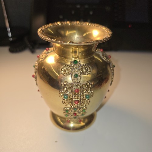 Vintage Brass Vase With Ornate Detail and Multi-Colored Stones 4.75" - Picture 4 of 7
