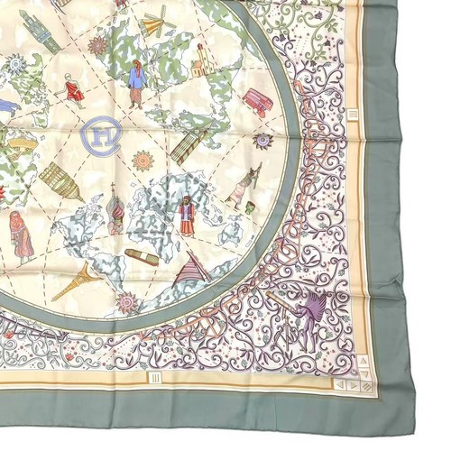 HERMES Carre 90 World Map Green Multicolor Silk Scarf Shawl Vintage Rare No Box - Picture 5 of 7