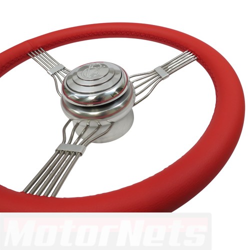 Kit de volante banjo rojo envolvente completo de 15" con adaptador GM y botón de bocina V8 HotRod - Imagen 4 de 5