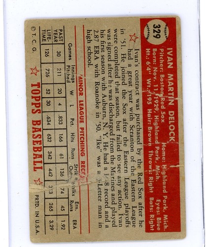1952 Topps Baseball #329 Ivan DeLock (JF) - Imagen 2 de 2