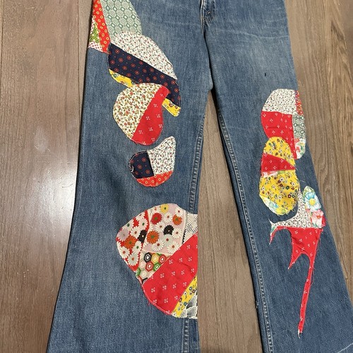 Vintage 70s Levis Patchwork Repaired Hippie Denim Jeans Bell Bottoms USA Size 34 - Picture 5 of 22