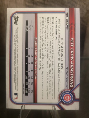 2022 Bowman Paper PETE CROW ARMSTRONG /199 Fuchsia #BP-102 Serial #'d - Picture 3 of 3