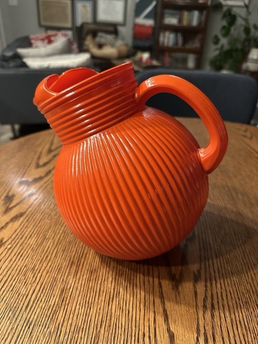 Hazel Atlas Fine Rib Orange Tilt Ball Pitcher 6 1/2" Tall 40 oz - Picture 6 of 15