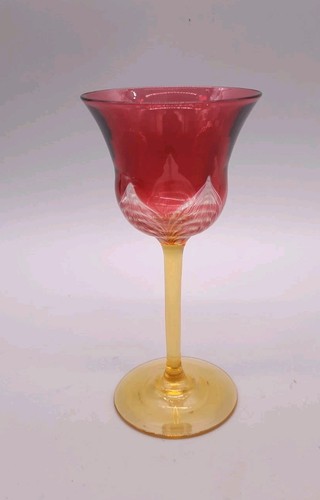 Art Nouveau Durand Pulled Feather Art Glass Stem Ruby W/Amber Stem Glows 6 1/4" - Picture 12 of 15