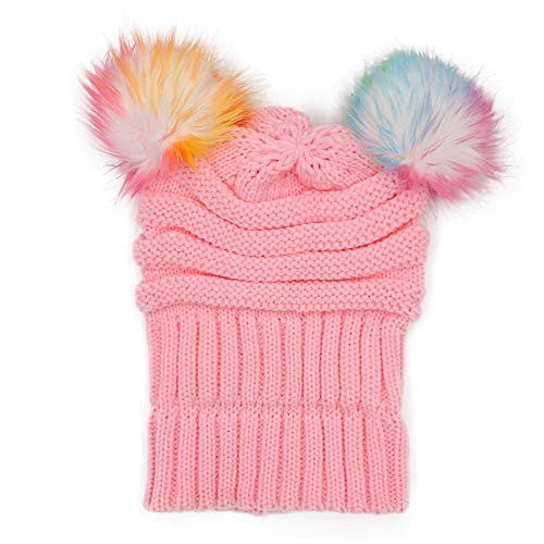 Kids Winter Knitted Beanie Hat Colorful Pompom Ears Ski Hat for Boy Pink - Bild 6 von 7