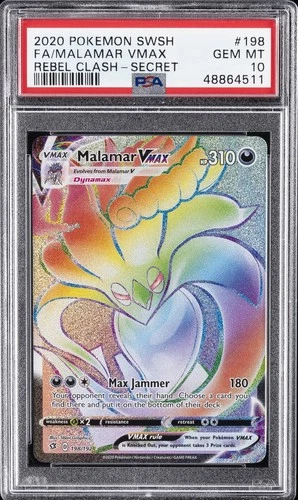 2020 POKEMON SWORD & SHIELD REBEL CLASH SECRET #198 FULL ART/MALAMAR VMAX PSA 10
