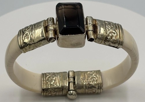 Antique East Indian Silver & Ivory w/ Emerald Cut Smokey Quartz. Bangel Bracelet - Picture 15 of 16