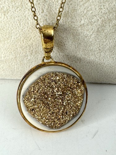 Marcia Moran Gold Tone Druzy Quartz Pendant Necklace 30” Modern Designer Signed - Picture 2 of 7