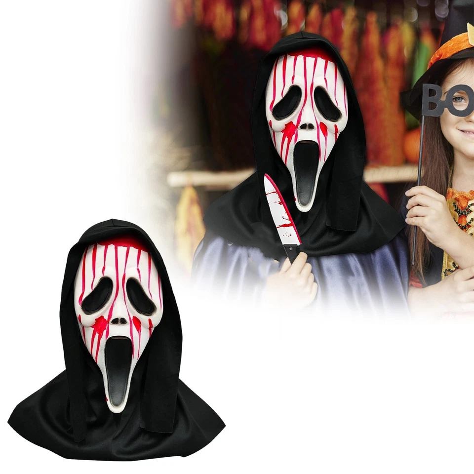 Halloween Ghostface Full Head Mask, Latex Scream Bloody Mask, Scary Skull Masque - Image 2 of 4