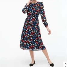 J. Crew Crinkle Ruffle Tiered Midi Dress Black Floral Print 3/4 Sleeves Size 0